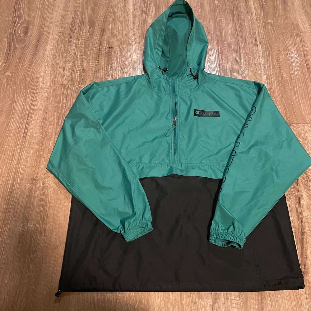 Champion Mens Anorak Jacket Size XL Green Black Polyester Colorblock Windbreaker